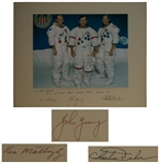 Apollo 16 Crew-Signed 20 x 16 Photo of the Astronauts in Their White Spacesuits -- Presented to Houston Oilers Owner Bud Adams